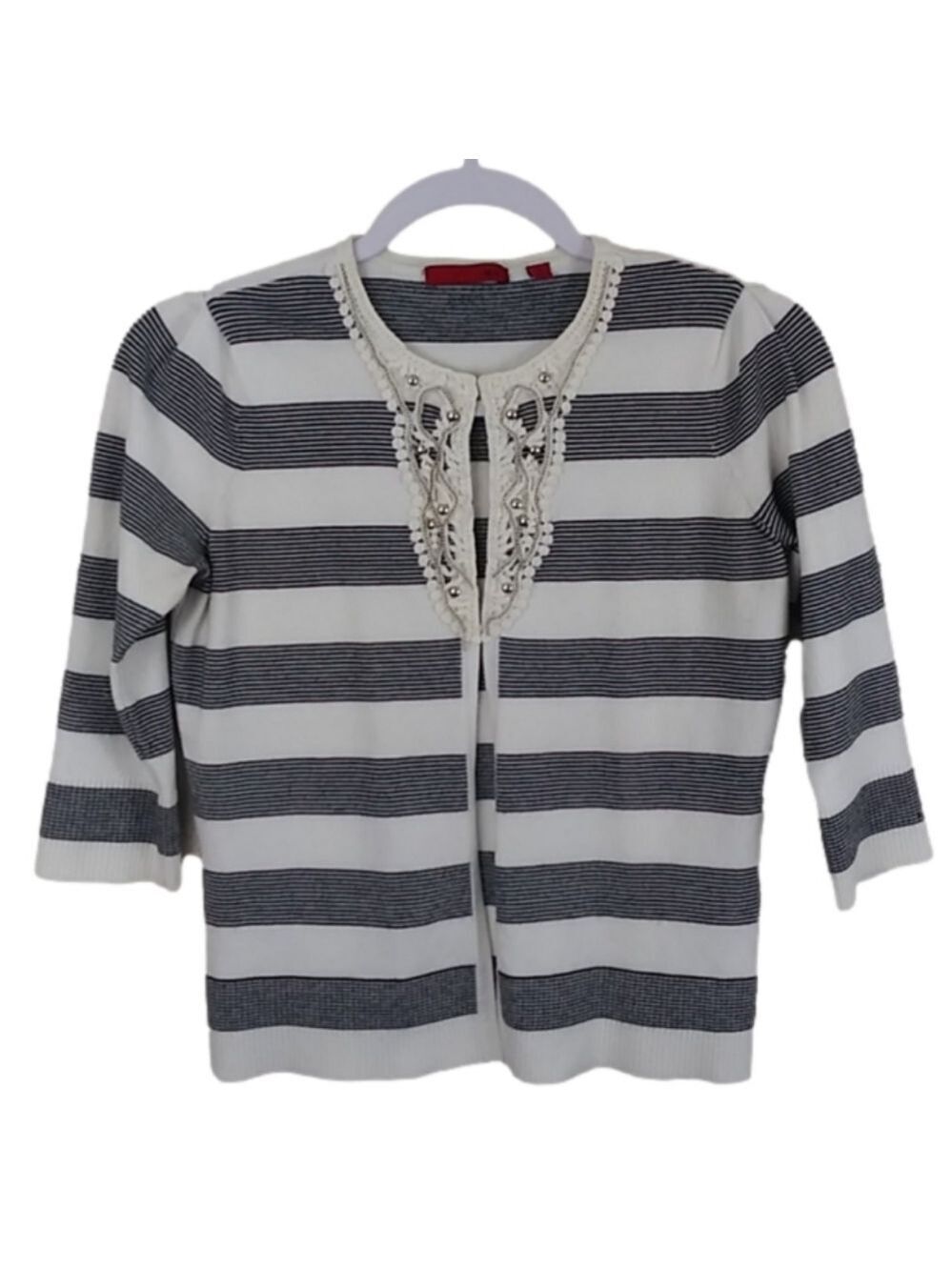 Red White Stripe Lace Beaded Scoop Neck 3/4 Sleeve Hook Front Cardigan Sweater